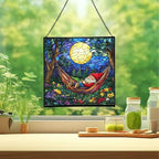 Moonrise Hammock Gnome Stained Glass Suncatcher – Square Hanging Window Panel for Home or Greenhouse – Whimsical Glass Art Gift for Garden Lovers, Christmas, Halloween, Father Days Tduknz - Image 2