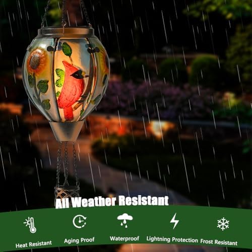 Hot Air Balloon Solar Lantern - Cardinal Bird Glass Lantern, Simulated Flickering & Dancing Flame, Outdoor Hanging Yard Light Waterproof IP65 for Patio Lawn Porch Decor Gift - Image 4