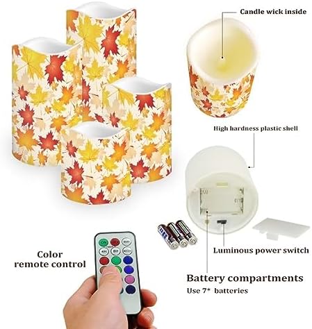 Jeiento Thanksgiving Flickering Flameless Candles with Moving Flame,Maple Leaf Decal Realistic Pillar Candle,4 Pcs Flickering Flameless Wax Candles for Home Party Wedding Botanical Autumn Decorations - Image 6