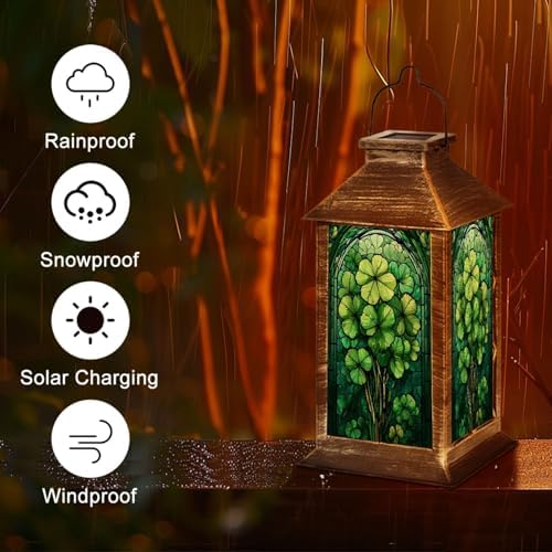 Solar Lantern St Patrick s Day Stained Glass Clover Tree Greenery Intricate Outdoor Waterproof Hanging Solar Light Outside Lights for Patio Yard House Lawn Decor Birthday Gifts for Women Mom - Image 5