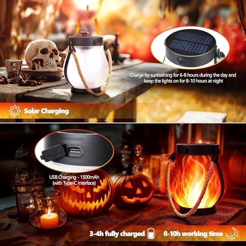 iBaycon 2 Pack Gen2 Solar Lantern Lights USB Halloween Flame Lamp, Red - Image 3