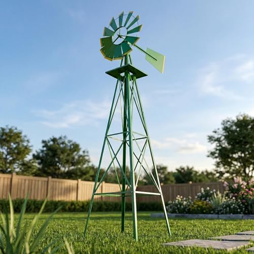 8FT Decorative Garden Windmill, Weather Resistant Metal Windmill for Yard and Lawn, Heavy Duty Outdoor Steel Windmill Tower with Quiet Ball Bearing and Direction Vane, Green by Unknown