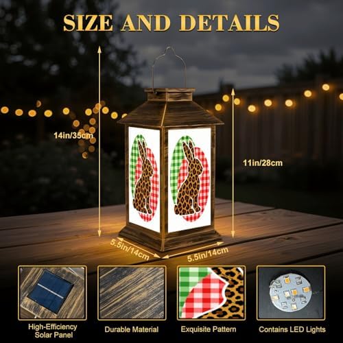 Solar Lantern Outdoor Waterproof Leopard Women Rabbit Bunny Happy Easter Day Eggs Graphic Garden Decor LED Hanging Solar Lights Tabletop Lamp Gifts for Women Mom Outside Yard Patio Porch - Image 2