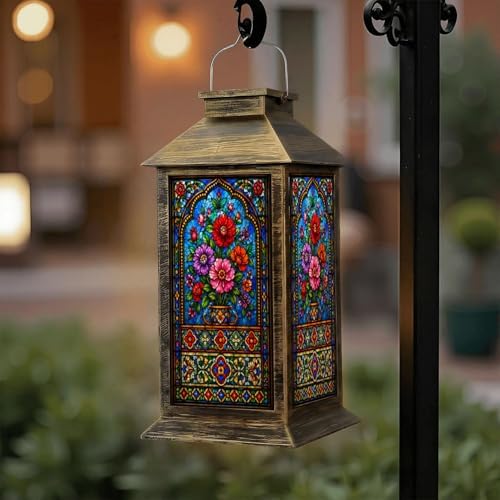 Solar Lantern Outdoor Waterproof Stained Glass Garden Decor LED Hanging Solar Lights Tabletop Lamp Gifts for Women Mom Outside Yard Patio Porch by DERUINVAIO