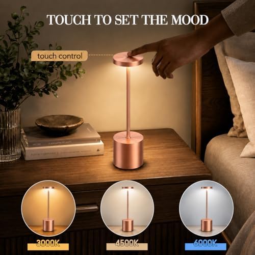 Rose Gold Cordless Table Lamps Set of 2, Battery Operated Rechargeable LED Lamps with Touch Control, 3 Color Temperatures, 5000mAh Dimmable Wireless Portable Lamp for Bedroom Nightstand Living Room - Image 3