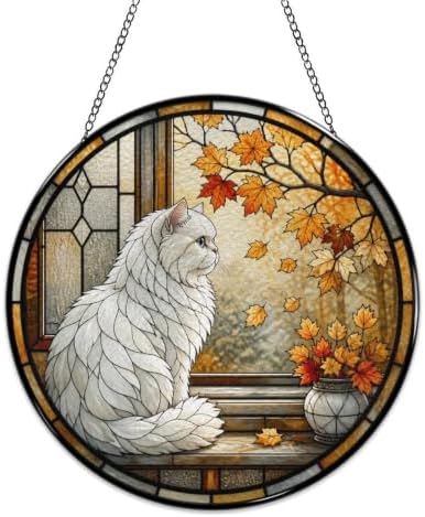Fall Window White Cat Stained Glass Suncatcher 9.8" Colorful Window Hanging Ornament, Retro Sun Catcher Decor with Chain for Home Wall Garden Birthday Christmas Mothers Day - Image 4