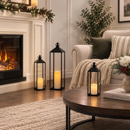 LED Lanterns Decorative Indoor&Outdoor, 23’’ 19’’ 13’’ Large Black Candle Lanterns Set with 3 Flameless Candles, Metal Holders for Porch, Patio, Garden, Home, Fireplace, Decorations Decor - Image 5