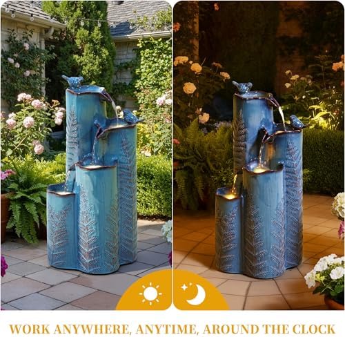 32" Outdoor Water Fountain, Ceramic Outdoor Fountain, Stacked 4-Tier Vase Waterfalls for Garden, Patio, Yard, or Porch Decor, Creating Relaxing Serene Oasis, Embossed Leaf Pattern, Turquoise - Image 6