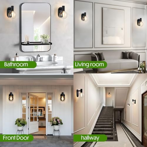 Outdoor Wall Light Fixture, Indoor Outdoor Wall Sconce, Waterproof Outdoor Porch Light, Black Vanity Light Fixture with Clear Globe Glass, Anti-Rust E26 Socket for Bathroom, Garage, Patio - Image 2