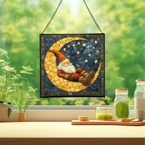 Crescent Moon Gnome Stained Glass Suncatcher – Square Hanging Window Panel for Home or Greenhouse – Whimsical Glass Art Gift for Garden Lovers, Christmas, Halloween, Father Days OF6pkY - Image 2