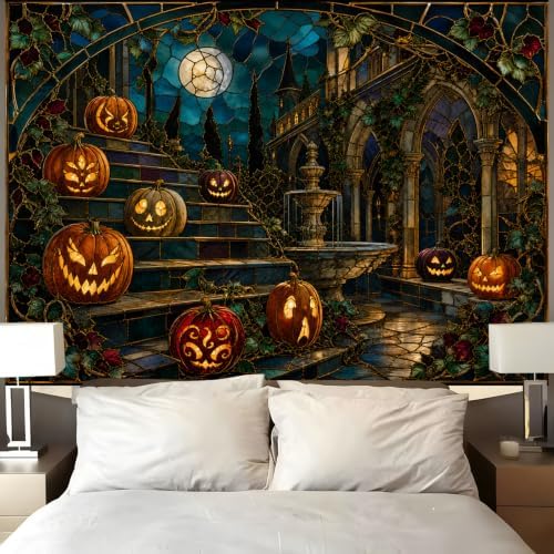 Halloween Pumpkin Tapestry, Gothic Stained Glass Courtyard Decor 70x90inch - Image 4