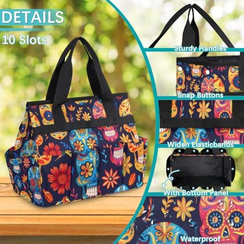 Lovely Skull Cute Garden Tool Bag Tote for Men Women Multiple Pockets Wide Mouth Heavy Duty Waterproof Tool Organizer Bag for Outdoor Lawn Yard Portable Gardening Storage With Elasticbands - Image 4