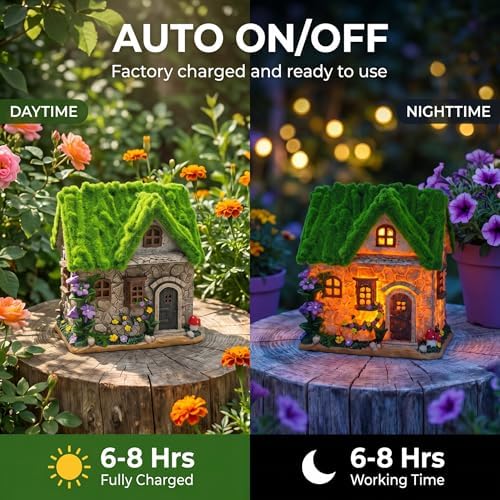 Solar-Powered LED Fairy Garden Cottage, Resin Miniature Stone House with Flocked Moss Roof, Outdoor Patio Yard Decor, Waterproof Garden Ornament with Warm Lights for Lawn, Pathway & Fairy Garden - Image 6