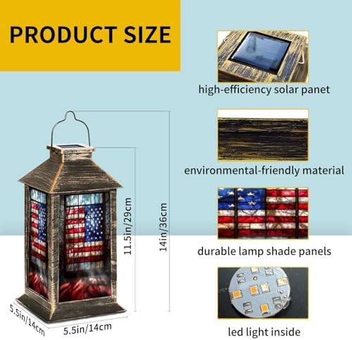 Solar Lantern Vintage Stained Glass American Flag Wrought Outdoor Waterproof Garden Hanging Lantern Solar Powered Lighting Outside Table Lamp for Patio Deck Camping 1 Pack - Image 6