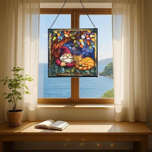 Gnome and Cat Nap Stained Glass Suncatcher – Square Hanging Window Panel for Home or Greenhouse – Whimsical Glass Art Gift for Garden Lovers, Christmas, Halloween, Father Days YLlkJi - Image 6
