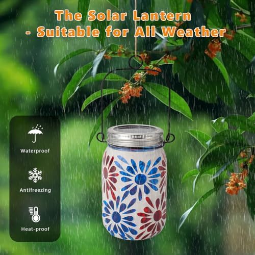 Starsoul 2 Pack Solar Lanterns Outdoor Waterproof, Mosaic Flowers Glass Solar Hanging Outdoor Lights, Decorative Solar Lantern for Outside Pathway Patio Porch Yard Decor - Image 3