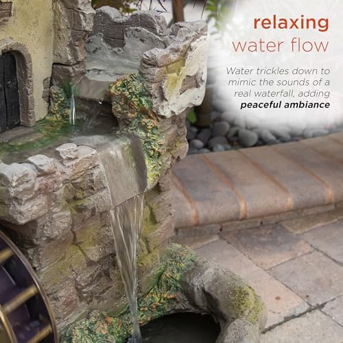 Alpine Corporation USA1164 Outdoor Floor Tiered Fairy Castle Waterwheel Water Fountain with Realistic Stone Look, 35", Brown - Image 4
