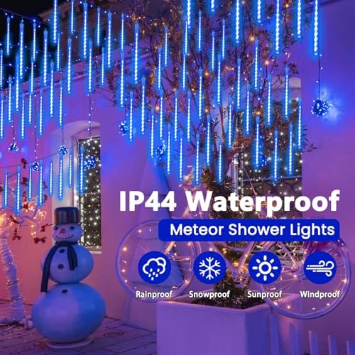 Christmas Lights Outdoor 2 Pack 16 Tubes 384 LED Meteor Shower Lights Blue - Image 2