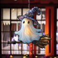 Whimsical Ghost On Broomstick Acrylic Suncatcher - Faux Stained Glass Indoor Window Hanging Ornament, Outdoor Sun Catcher Panel, Home Decor Gift for Ghost Lovers by Unknown