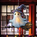 Whimsical Ghost On Broomstick Acrylic Suncatcher - Faux Stained Glass Indoor Window Hanging Ornament, Outdoor Sun Catcher Panel, Home Decor Gift for Ghost Lovers by Unknown