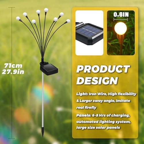 Solar Lights Outdoor-8Pack 64LEDs Solar Garden Firefly Lights Outside,Solar Powered Light Outdoor and Garden Decorative IP65 Waterproof,Yard Patio Pathway Decor,Gardening Gifts for Women,Warm White - Image 4