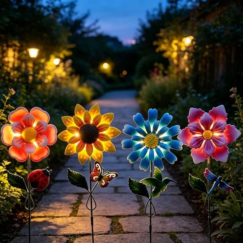 Solar Garden Stakes Lights for Outdoor Decor, 4 Pack Waterproof Metal Art Stick Flowers, Light for Outside Garden Patio Pathway Yard Backyard Porch Lawn - Image 5
