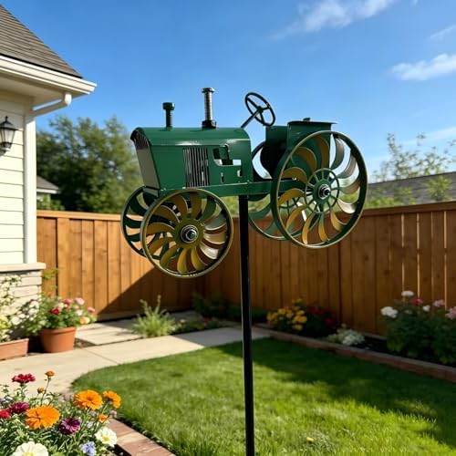 Green Tractor Wind Spinner Outdoor - Metal Windmill for Yard and Garden Decor - Kinetic Wind Sculptures & Spinners with Rotating Wheels and Sturdy Stake - Large Lawn Ornaments & Yard Art - Image 6