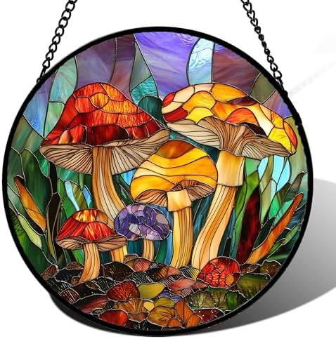 Colorful Mushroom Forest Stained Glass Window Hanging Suncatcher Gifts 15" by DASTOLL