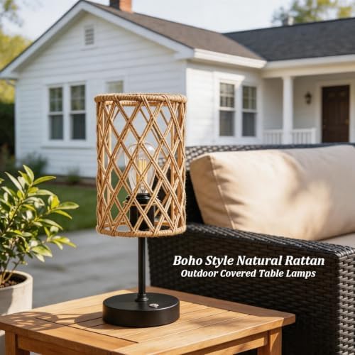 Rechargeable Outdoor Patio Table Lamps, Set of 2 Cordless Battery Operated Portable Boho Rattan Table Lights, for Covered Porch Balcony Garden Decor (Beige) - Image 7