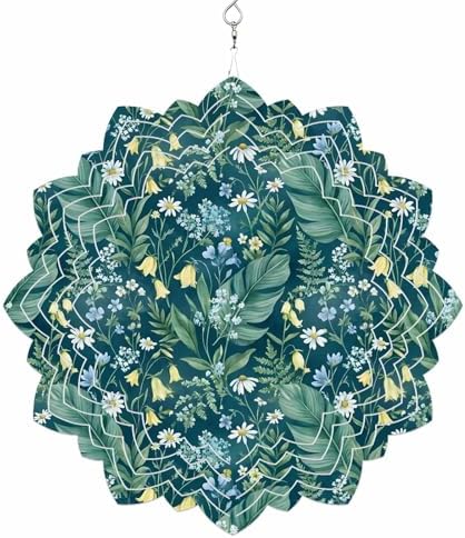 Dark Green Flower Wind Spinner for Garden Yard 12In, Spring Blue Yellow Floral Country 3D Stainless Steel Kinetic Hanging Wind Spinners Rustproof Outdoor Decor for Lawn Patio Home by Unknown