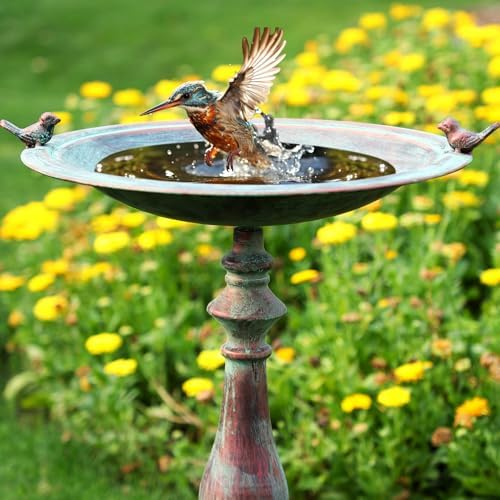 Newtay 27.25 Ornate Metal Pedestal Style Birdbath with Cast Iron Vintage Birds Baths for Outdoors on Rim Full Base Standing Bird Bath Tray for Garden Yard Decoration, Green, Not Easy to Rust - Image 5