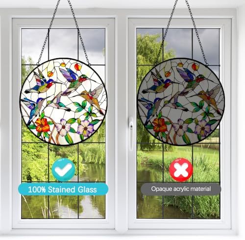 Hummingbird and Flowers Stained Glass Window Hanging - 8″ Hummingbird Suncatcher Indoor Window Hanging Decor Birds Ornaments with Chain and Hooks - Hummingbird Gifts for Women Mom Grandma Bird Lovers - Image 6