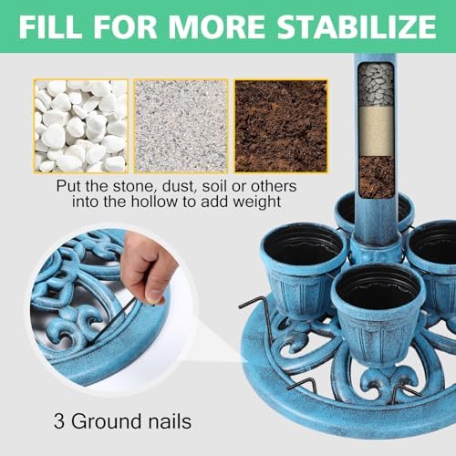 Bird Bath for Outside with 4 Removable Flower Planters 28in Polyresin Lightweight Vintage Birdbath for Outdoors Stake Standing Bowl and Water Feeder Yard Garden Decor Blue - Image 3
