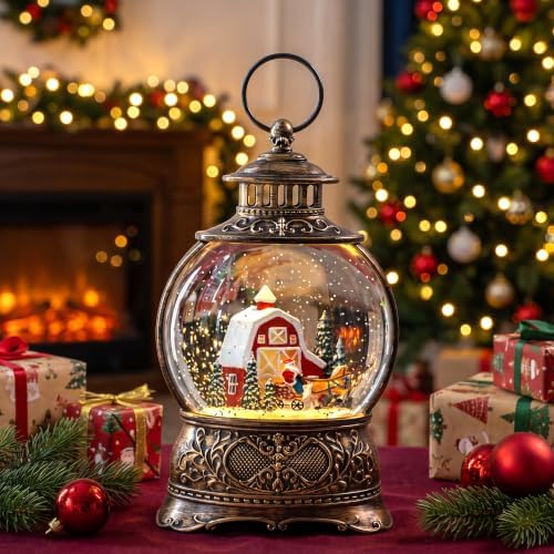 Christmas Snow Globe Lantern with Santa Carriage and Red Barn, Musical Lighted Water Lantern with Swirling Glitter, 6H Timer, USB Powered or Battery Operated, Vintage Tabletop Christmas Decor Gift by XPSCOCO