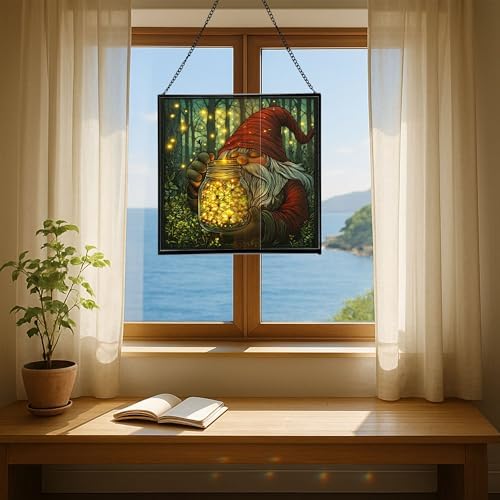 Firefly Jar Gnome Stained Glass Suncatcher – Square Hanging Window Panel for Home or Greenhouse – Whimsical Glass Art Gift for Garden Lovers, Christmas, Halloween, Father Days 4zcs2j - Image 6