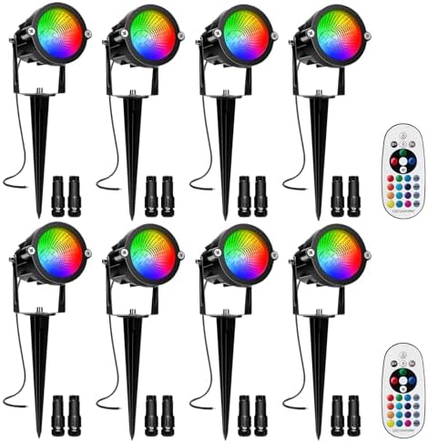 RGBW Low Voltage Landscape Lights, 10W 12/24V Color Changing Landscape Lighting with Remote, IP65 Waterproof Outdoor LED Spotlight for Garden Christmas Halloween, 8 Pack with Connectors by REEGOLD