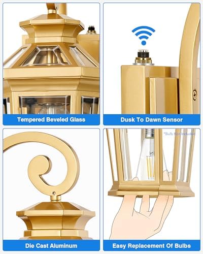 Porch Lights Outdoor, Dusk to Dawn Exterior Lighting Fixtures, Gold Wall Lanterns Wall Mount, Waterproof Anti-Rust Outdoor Sconce Lights for Garage, Patio Wall Light Fixture with Beveled Glass - Image 6