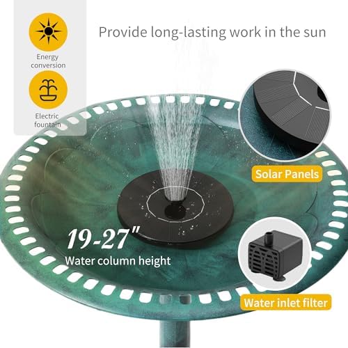 VECELO 28" Pedestal Outdoor Bird Bath with Solar Powered Fountain for Outside, Vintage Bronze Polyresin Lightweight Antique, Yard/Garden Decoration, Green - Image 3
