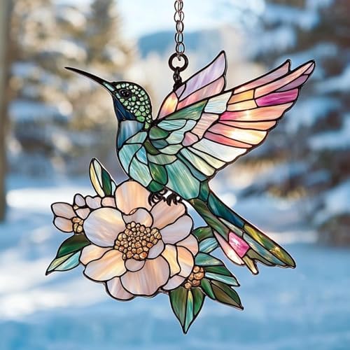 Floral Hummingbird Acrylic Suncatcher Size 10 inches, Boho Stained Glass Effect Window Hanging Ornament, Garden Decor, Gift for Mother's Day by XISZYS