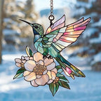 Floral Hummingbird Acrylic Suncatcher Size 10 inches, Boho Stained Glass Effect Window Hanging Ornament, Garden Decor, Gift for Mother's Day by XISZYS