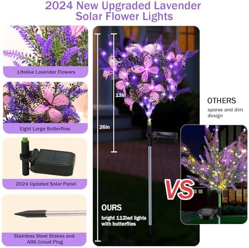 Solar Garden Lights Outdoor, 4 Pack Purple Lavender Solar Butterfly Lights Gardening Gifts for Women,Artificial Flowers Light Purple Halloween Garden Decor for Patio Yard Lawn Christmas - Image 3