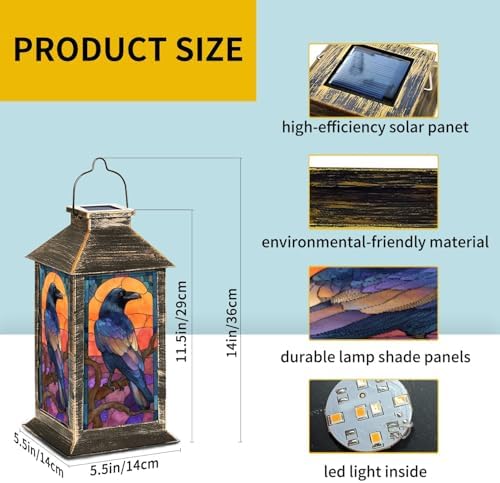 Solar Lantern Somber Raven Gnarled Branch Sunset Stained Glass Design Outdoor Waterproof Garden Hanging Lantern Solar Powered Lighting Outside Table Lamp for Patio Deck Camping 1 Pack - Image 6