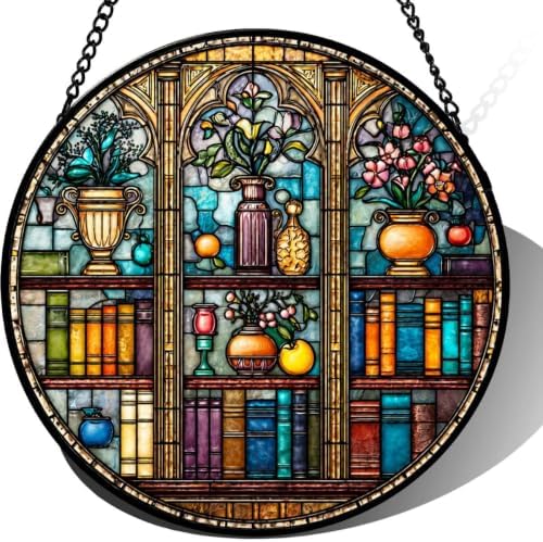 9.84 Inch Stained Glass Suncatcher Bookshelf Decor Colorful Library Window Hanging for Book Lover Art Glass Home Accents Unique Gift for Mom Grandma Friend Birthday by Unknown
