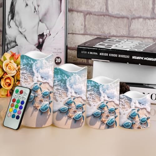 Beach Turtle LED Flameless Candles with Remote Timer Battery Powered Pillar Fake Lights Pack of 4 Waterproof Electric Candles for Bathroom Decor Mothers Day Gifts for Mom - Image 4