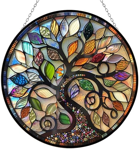 Stained Glass Window Hanging, Bohemian Tree of Life Sun Catchers Diamond Glass Panel Hangings Abstract Suncatcher Decor for Birthday for Women, Men, Wife, Aunt, and Mom 9.8 in by 365CUSGIFTS