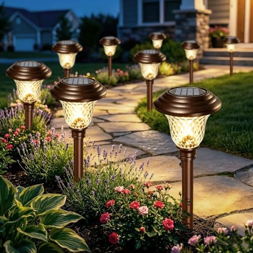 BEAU JARDIN 8 Pack Solar Pathway Lights White+Color Changing Stainless Steel 3 Mode Outdoor Multicolor Metal Solar Powered Waterproof Glass for Garden Landscape Path Yard Walkway Driveway Bronze by BEAU+JARDIN