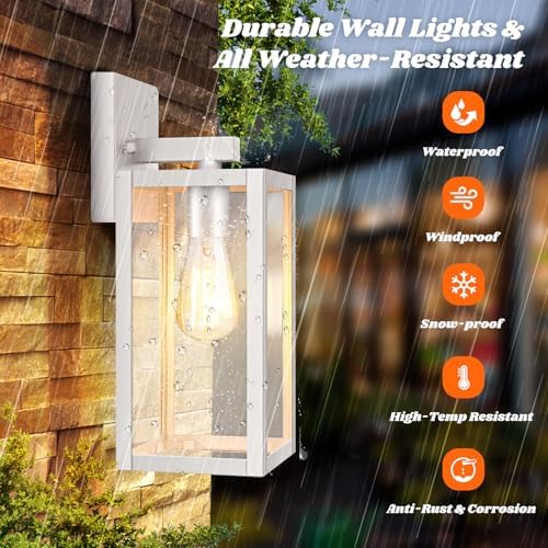 Brightever 2-Pack Outdoor Wall Light Fixtures, Waterproof Anti-Rust Outside Wall Sconce Lantern with Clear Glass, Exterior Front Porch Lights for House Garage Doorway, Bulbs Not Included, White - Image 2