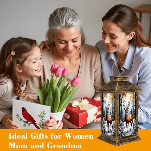 Solar Lantern Outdoor Waterproof Majestic Stag Winter Forest Autumn Leaves Stained Glass Garden Decor LED Hanging Solar Lights Tabletop Lamp Gifts for Women Mom Outside Yard Patio Porch - Image 4