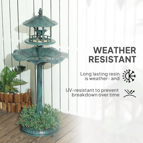 Outsunny 3 in 1 Garden Bird Bath Bowl Pedestal with Bird Feeder, Green - Image 5