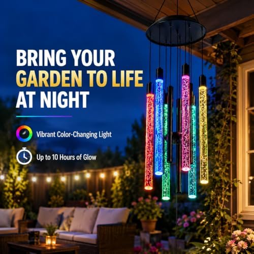 Nacome Solar Wind Chimes for Outside, 6 Color-Changing LED Tubes, Black - Image 2